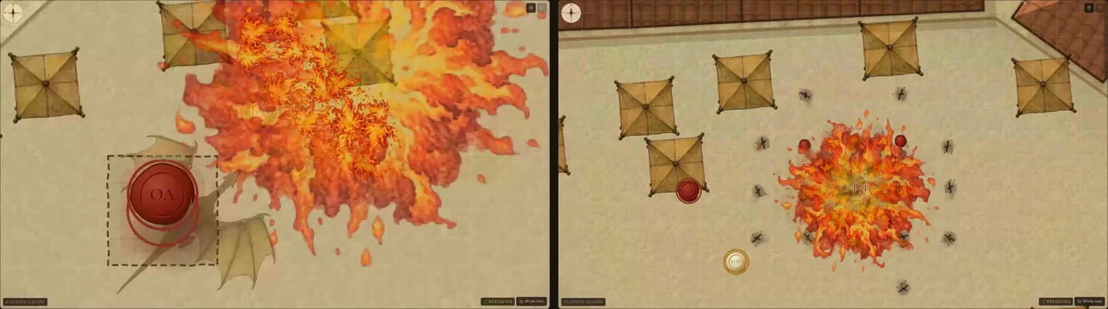 Fire over Hildyard Square: a dragon's breath (left), and a fireball into a goblin horde (right)