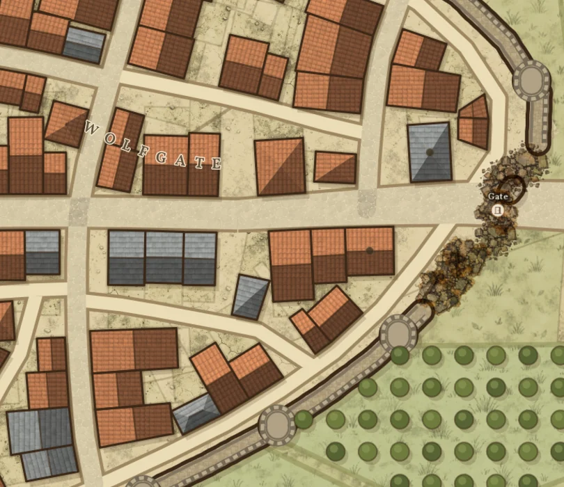 Hildyard's town page after a stone titan came in by the gate: the gate and the wall beside it are rubble