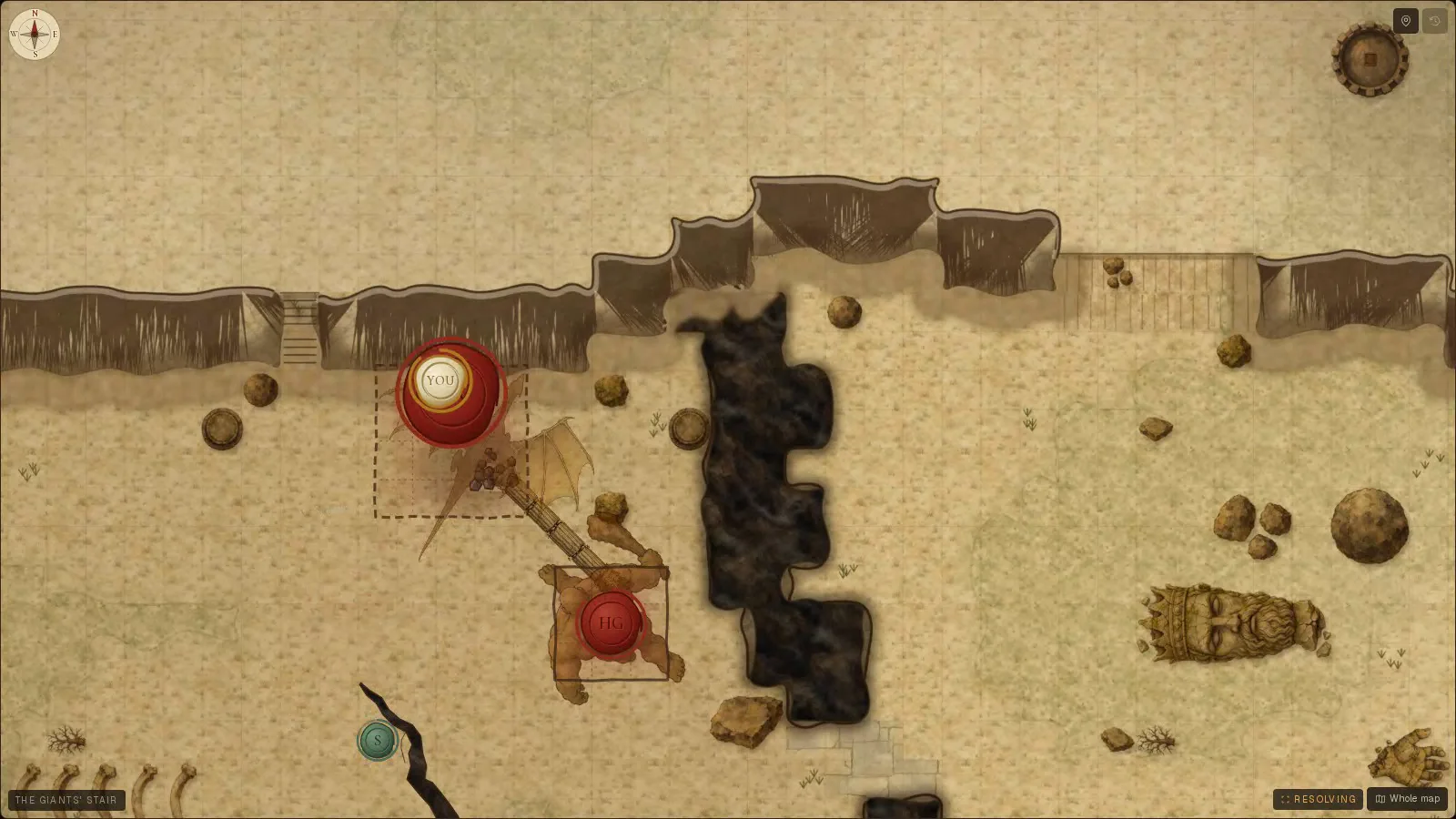 A grand map: a cliff band, a chasm and a fallen colossus, with a hero climbing onto a dragon