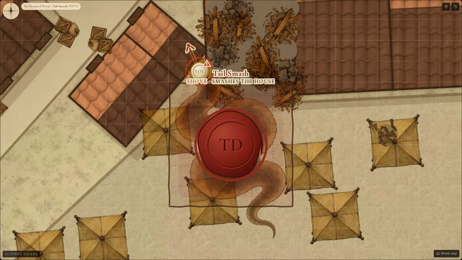 A sea-wyrm's tail through a house on the square: the rubble stays on the map