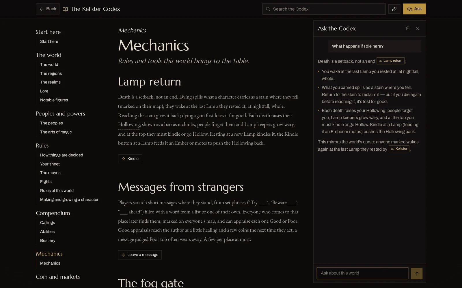 Ask the Codex in Kelister: the answer, with links to the pages it came from