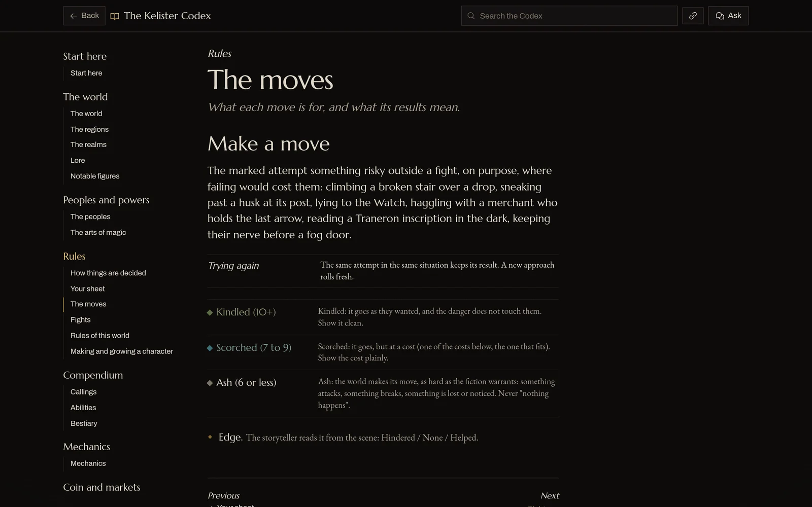 Kelister's moves, with what each result means