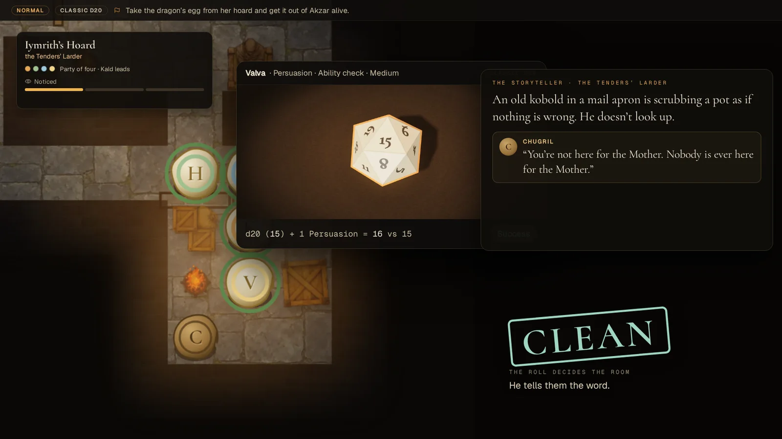 From the film: talking an old kobold round, Persuasion 16 against 15