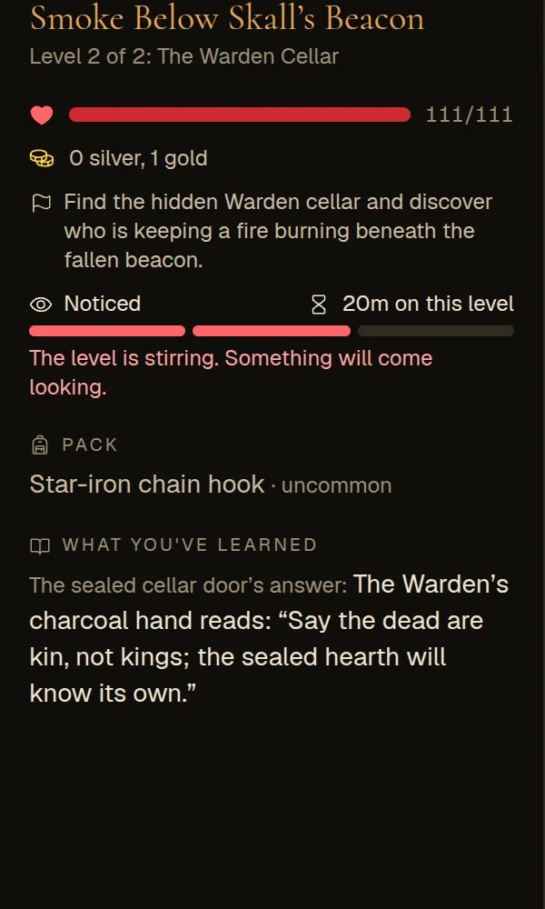 The dungeon panel: the goal, Noticed at two of three, your pack and what you've learned