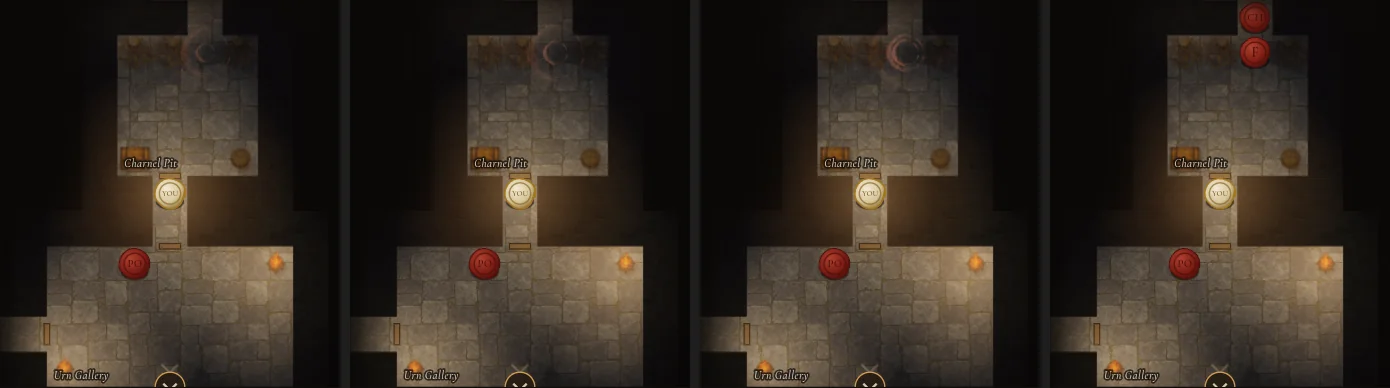 Heard, then seen: hunters come through the room beyond