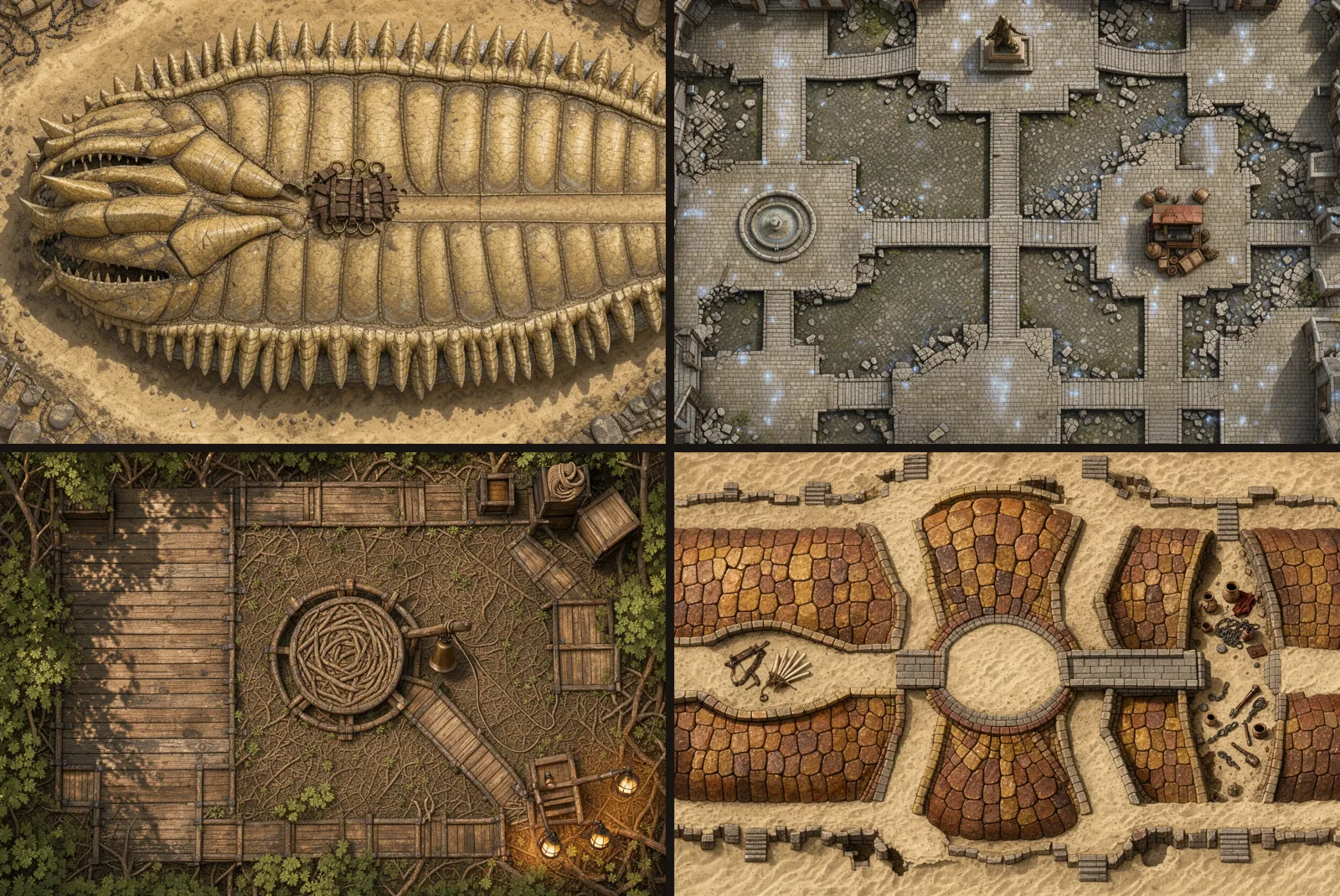 Four painted maps: a sandworm's back, a square of floating slabs, a platform in the canopy, a trough on the worm's back