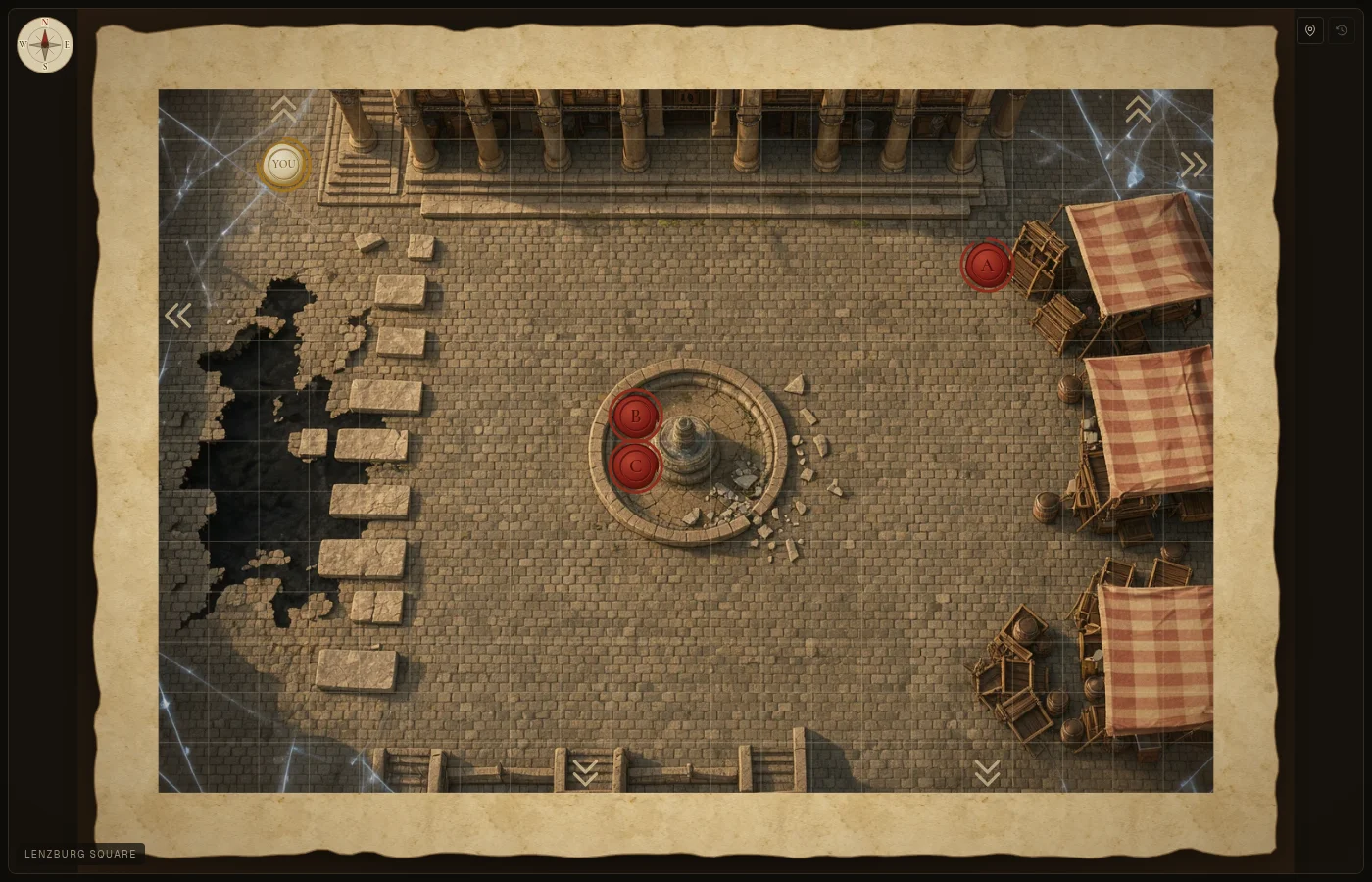 A painted map in play: a square torn open, market stalls for cover, and the fight on the grid