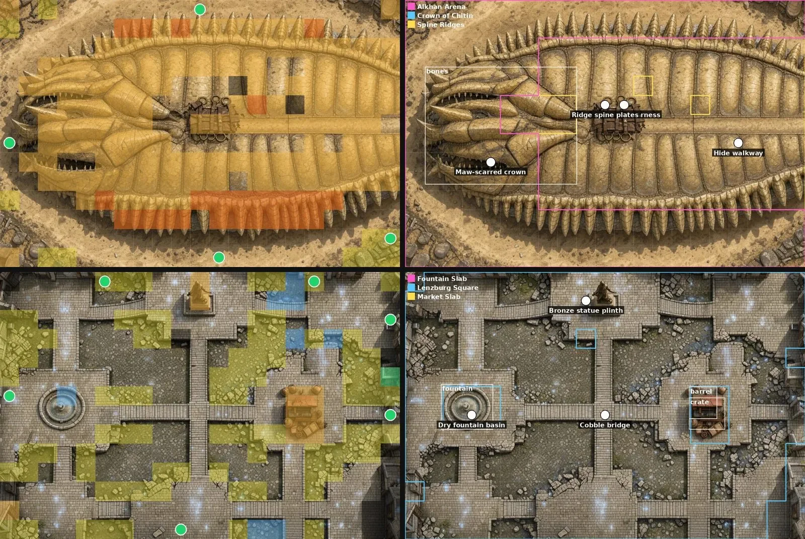 What the game reads from two paintings: where you can stand and the edges you enter from (left), and the named areas the storyteller uses (right)