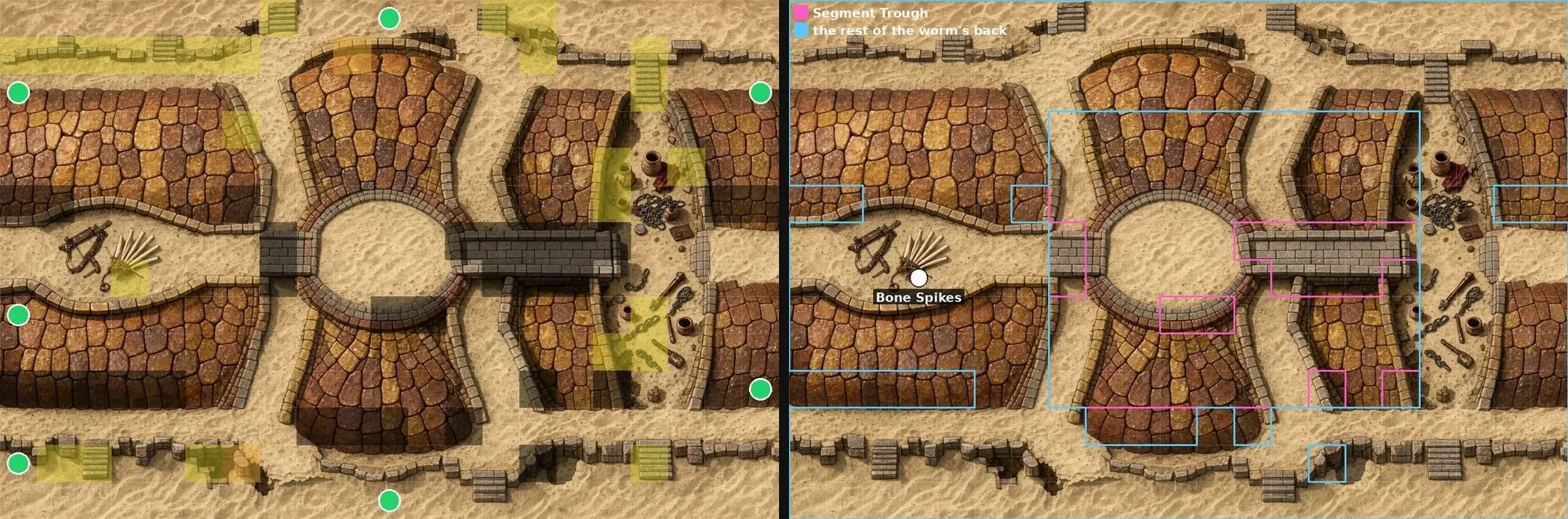 A sandworm's back read square by square: its segments, the trough between them, and the bone spikes left in the sand