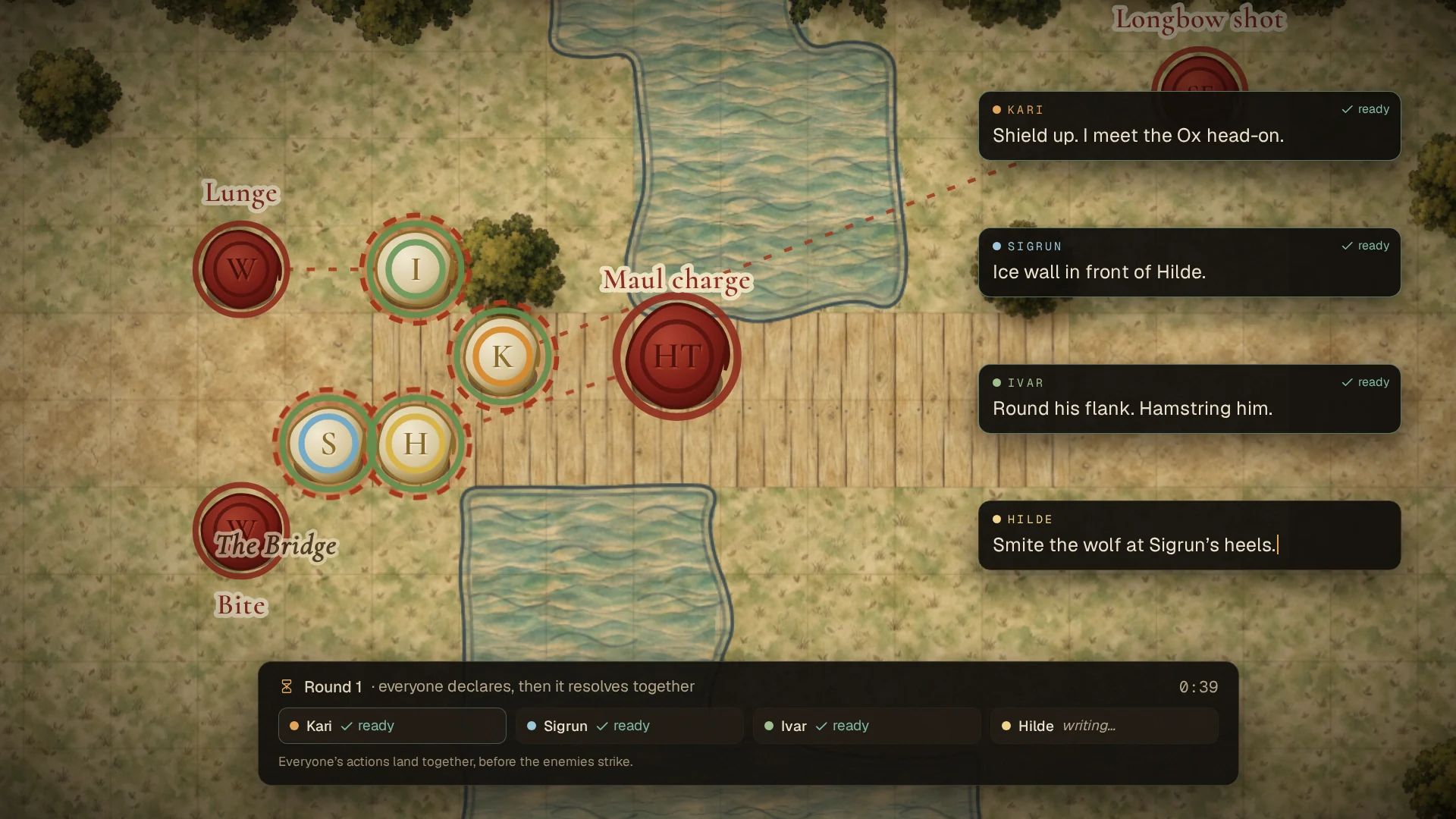 From the film: four players declare at once while the enemies' blows wait on the map