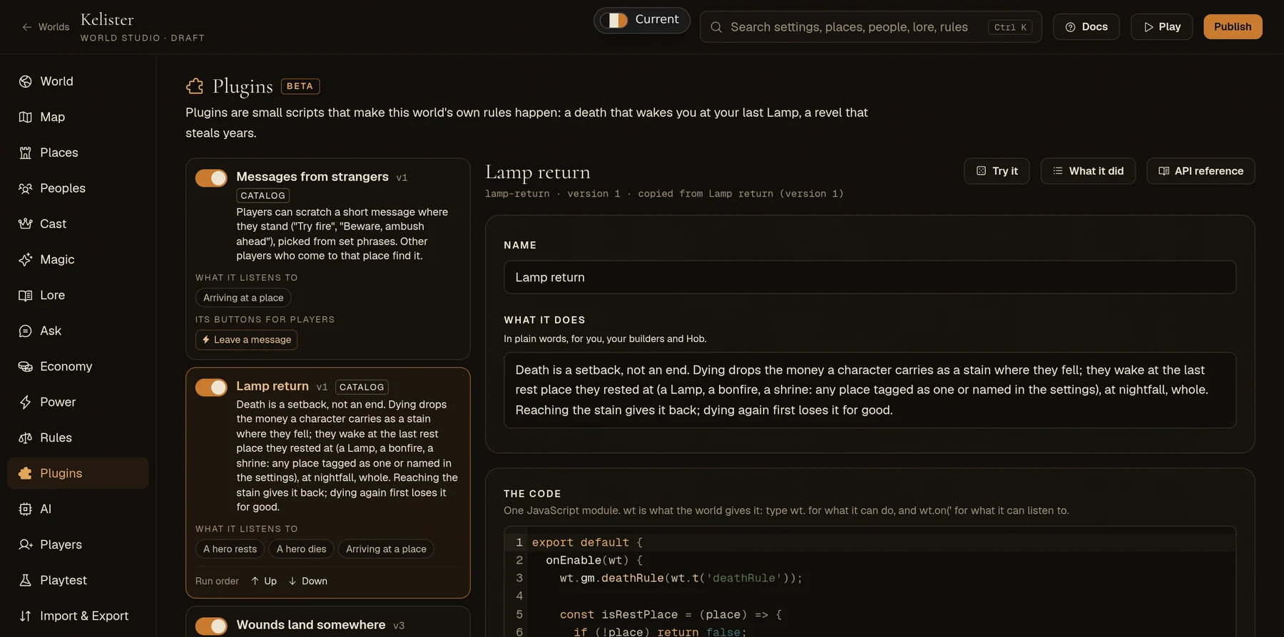 The Plugins tab: what each plugin does, what it listens to, its settings and its code