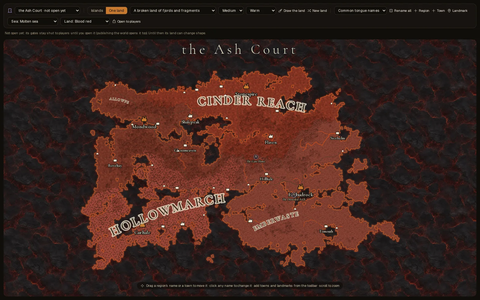 The Ash Court: blood-red land in a molten sea
