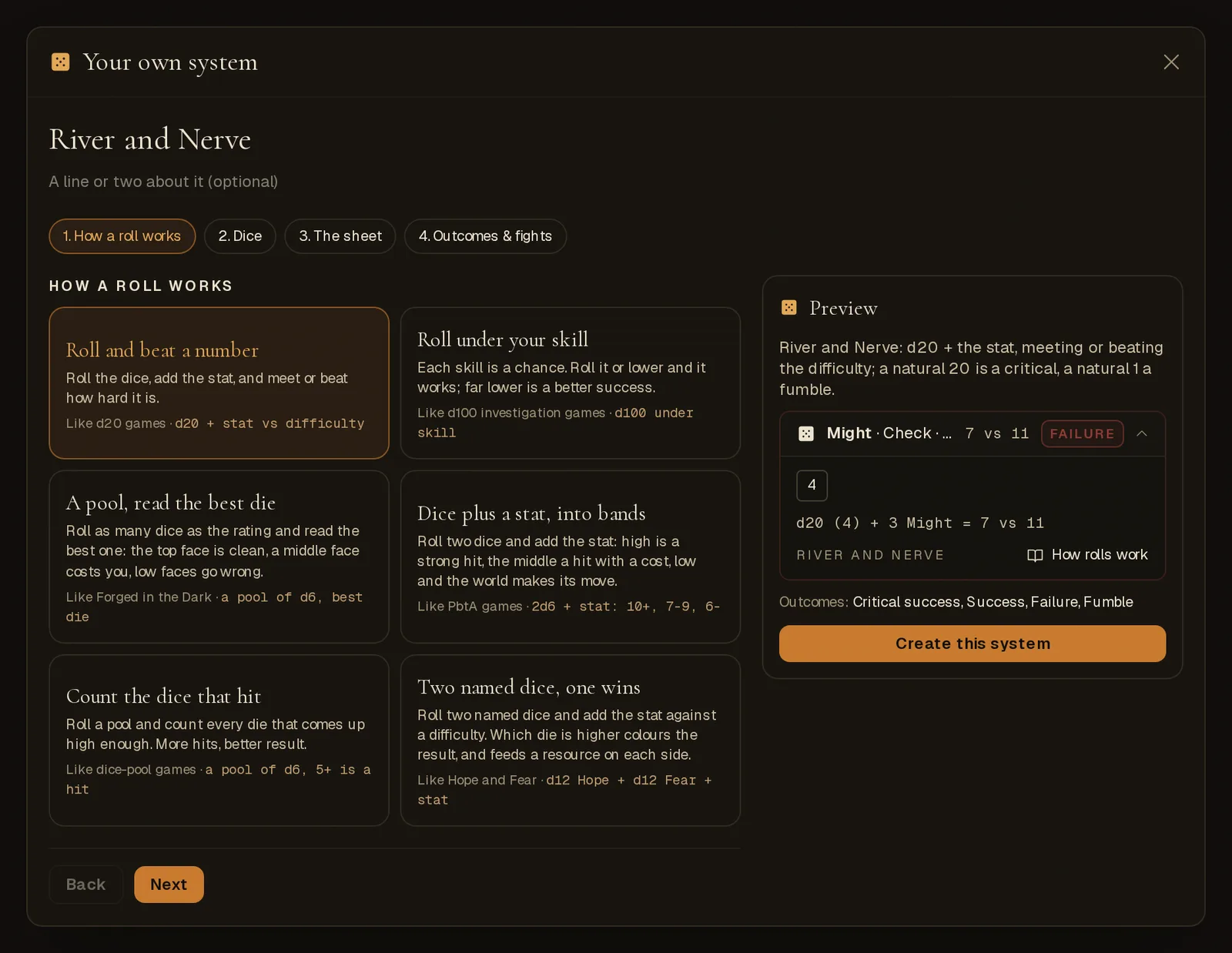 The composer: seven ways a roll can work, with a live preview
