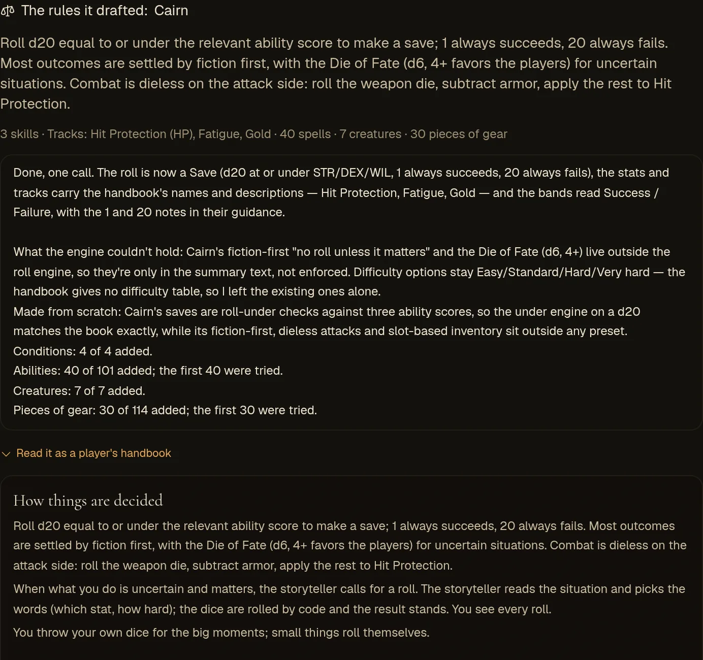 A rule system drafted from a rulebook: what came across, and its handbook
