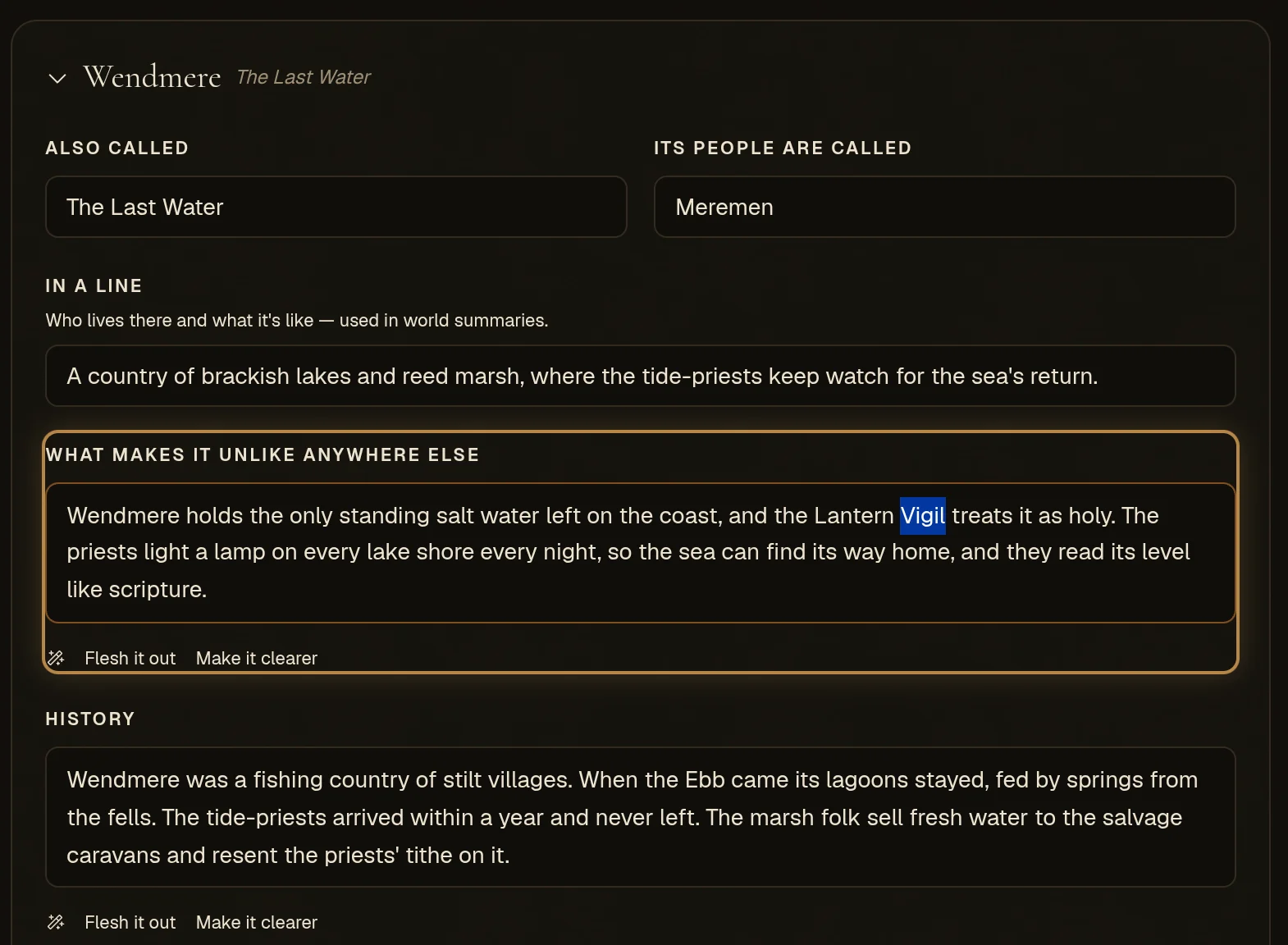 Picking Wendmere from a search for "vigil": the region opens and the word is selected