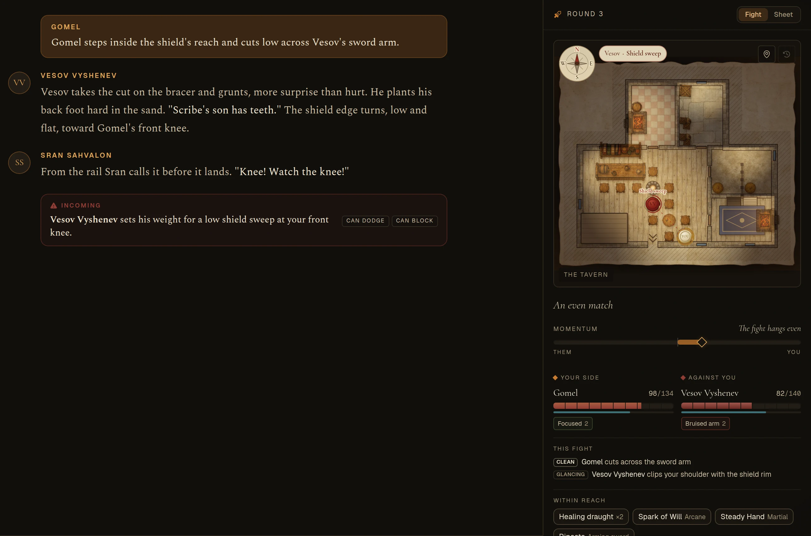 A fight: the story on the left, the stage on the right