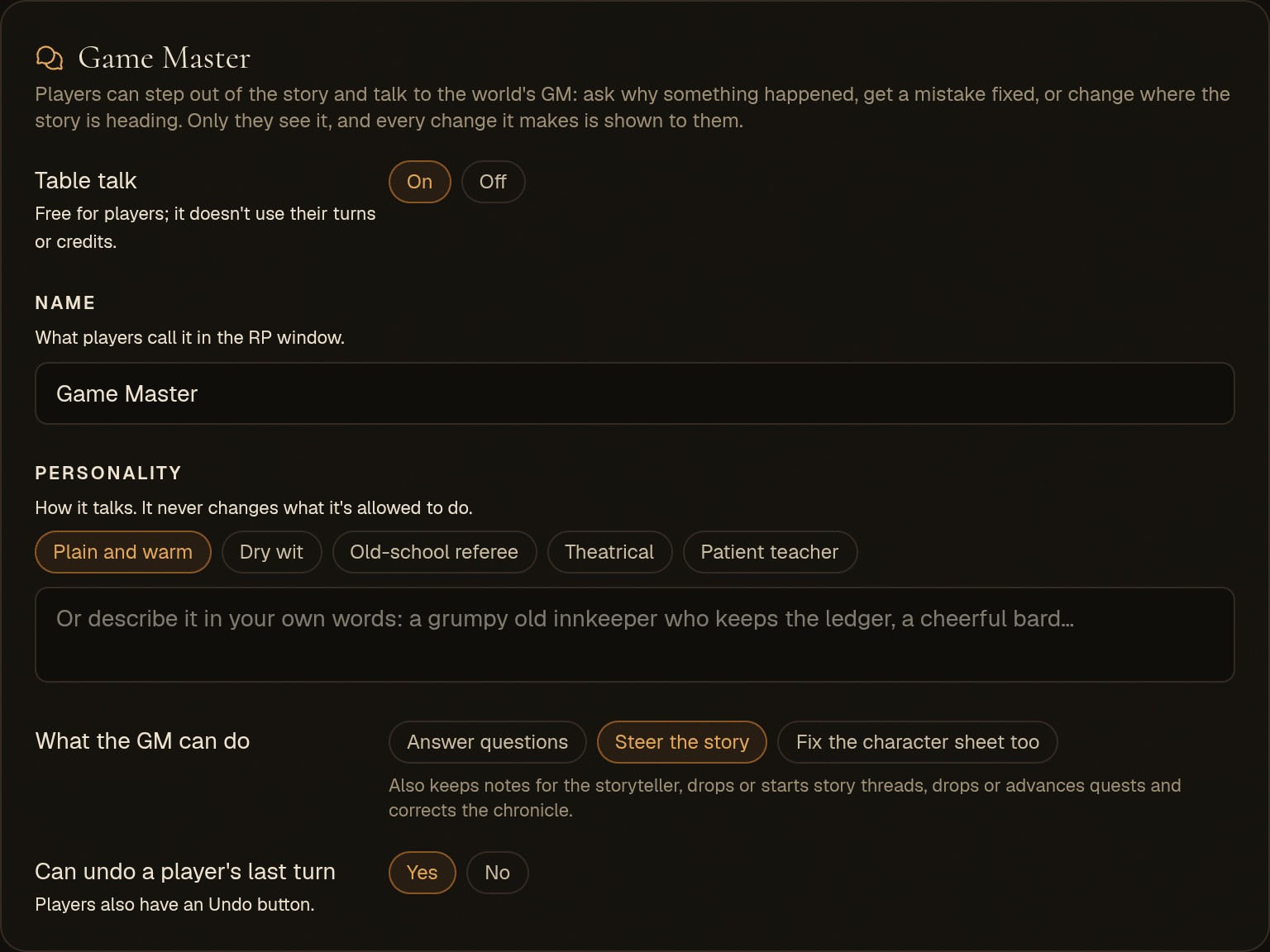 The Game Master card on the Rules tab