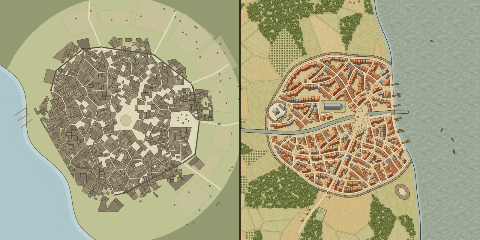 Before and after: the same capital. The old plan put its sea on the wrong side and had no river. The new one follows the world map.
