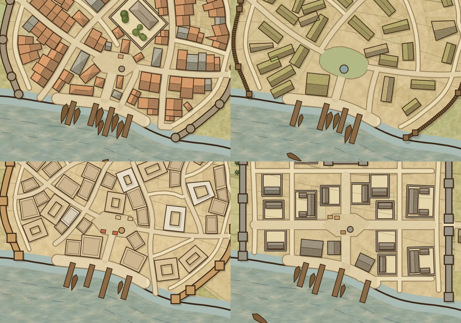The same harbour town built four ways: Heartland, Northern, Desert and Eastern