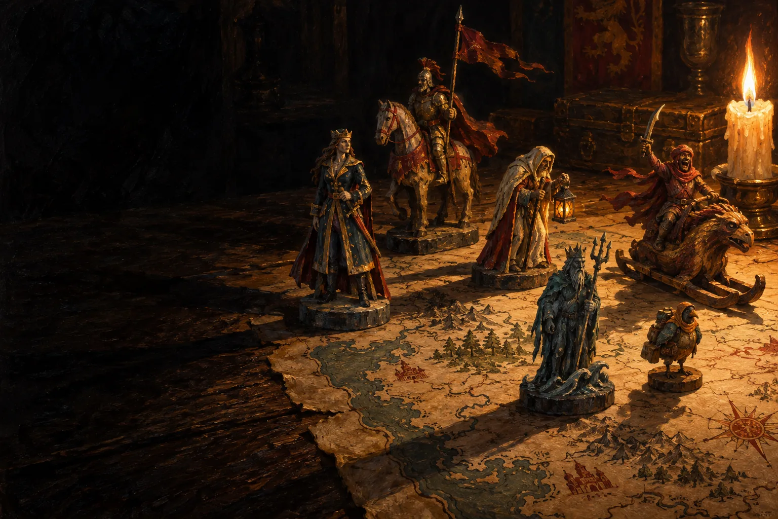 Painted wooden figurines of The Long Ebb's cast standing on a candlelit map