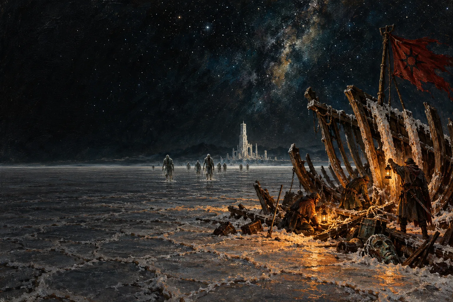 Night on the salt flats: a salvage crew digging out a wreck by lantern light while pale drowned figures walk toward them