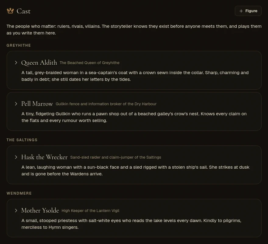 The Cast tab listing Queen Aldith, Pell Marrow, Hask the Wrecker and Mother Ysolde, grouped by region