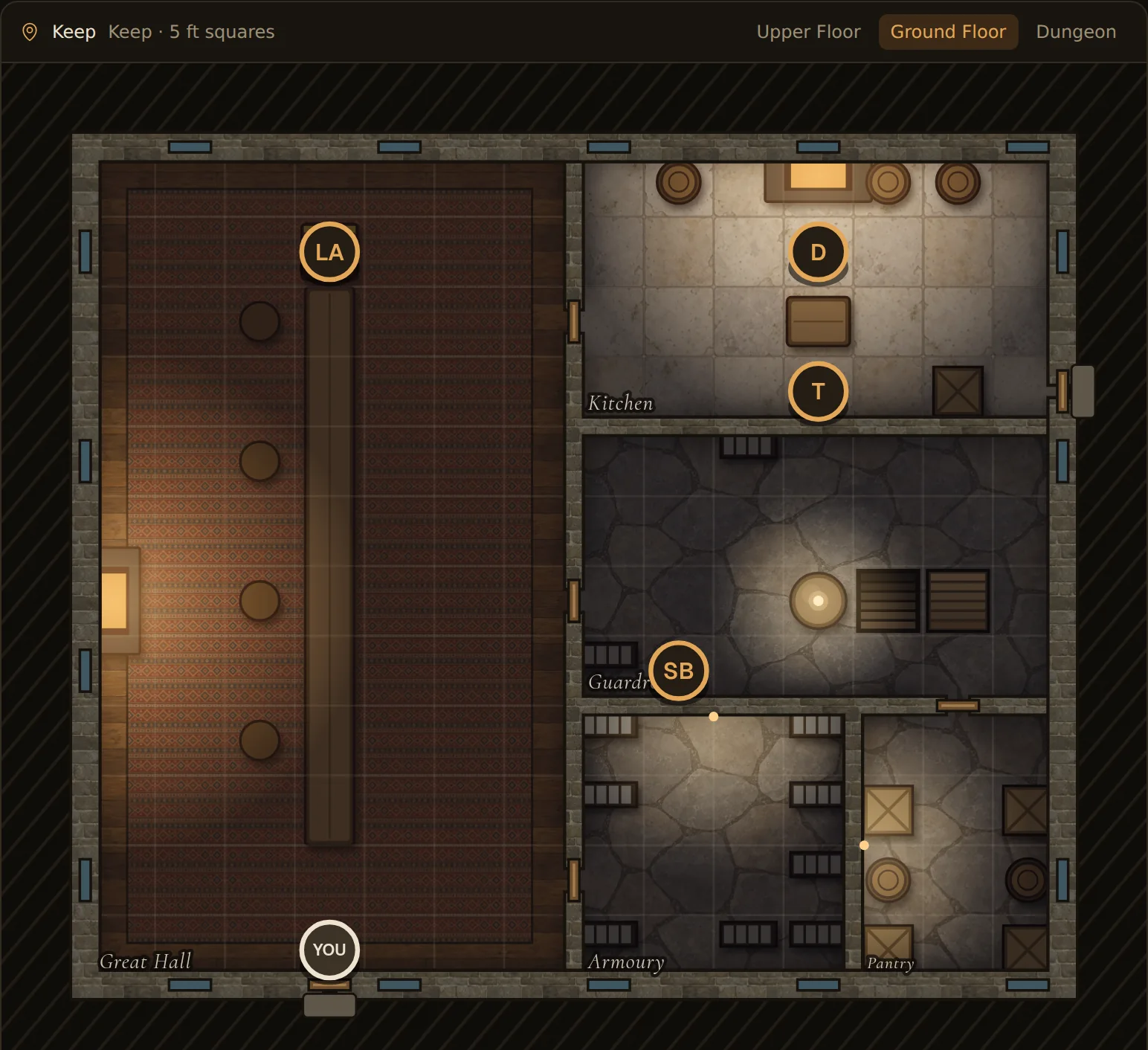 A keep's ground floor: great hall, kitchen, guardroom, armoury and pantry