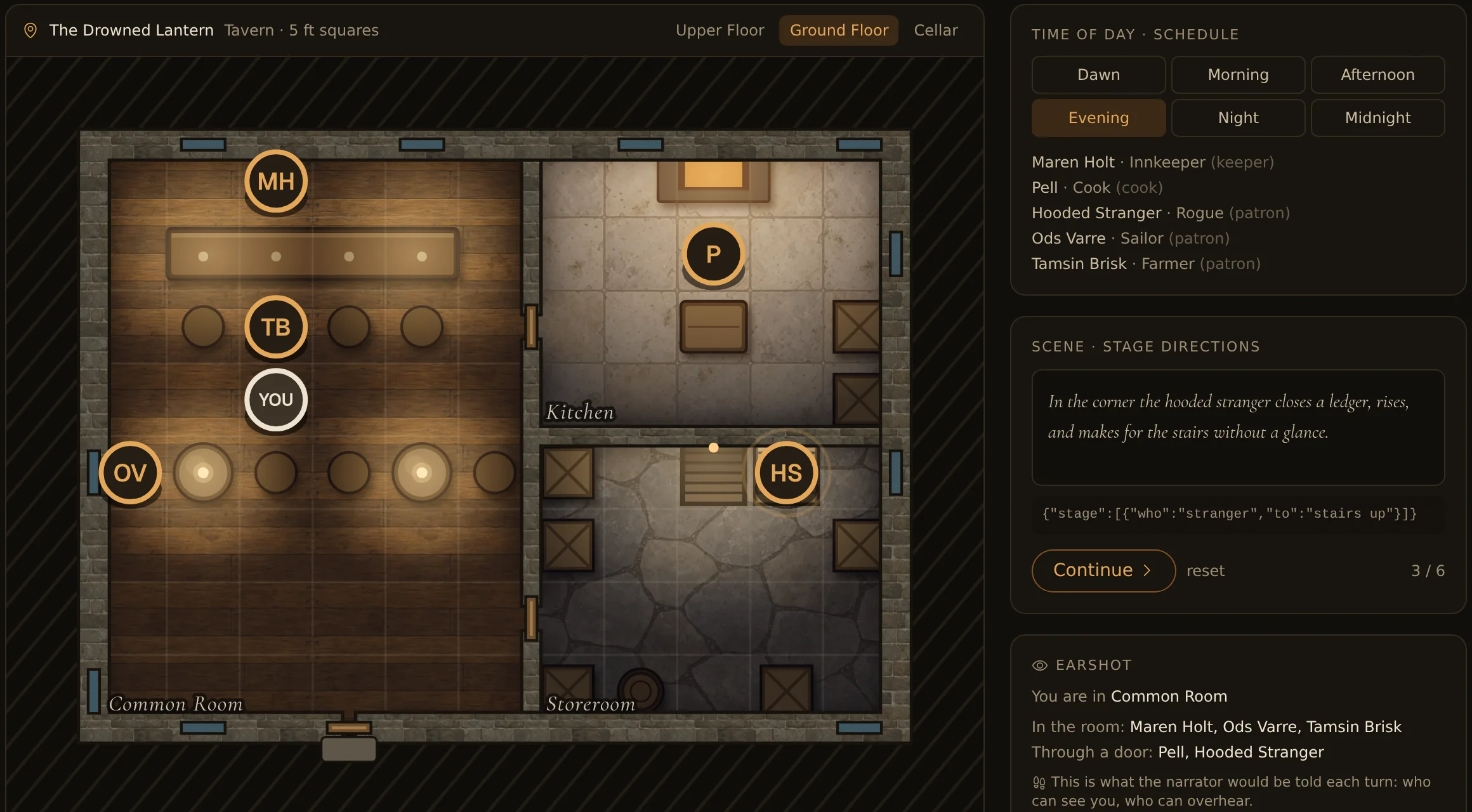 A tavern floor plan with lettered tokens for each character, beside the stage direction that just moved the hooded stranger to the stairs, and who can see or overhear the player