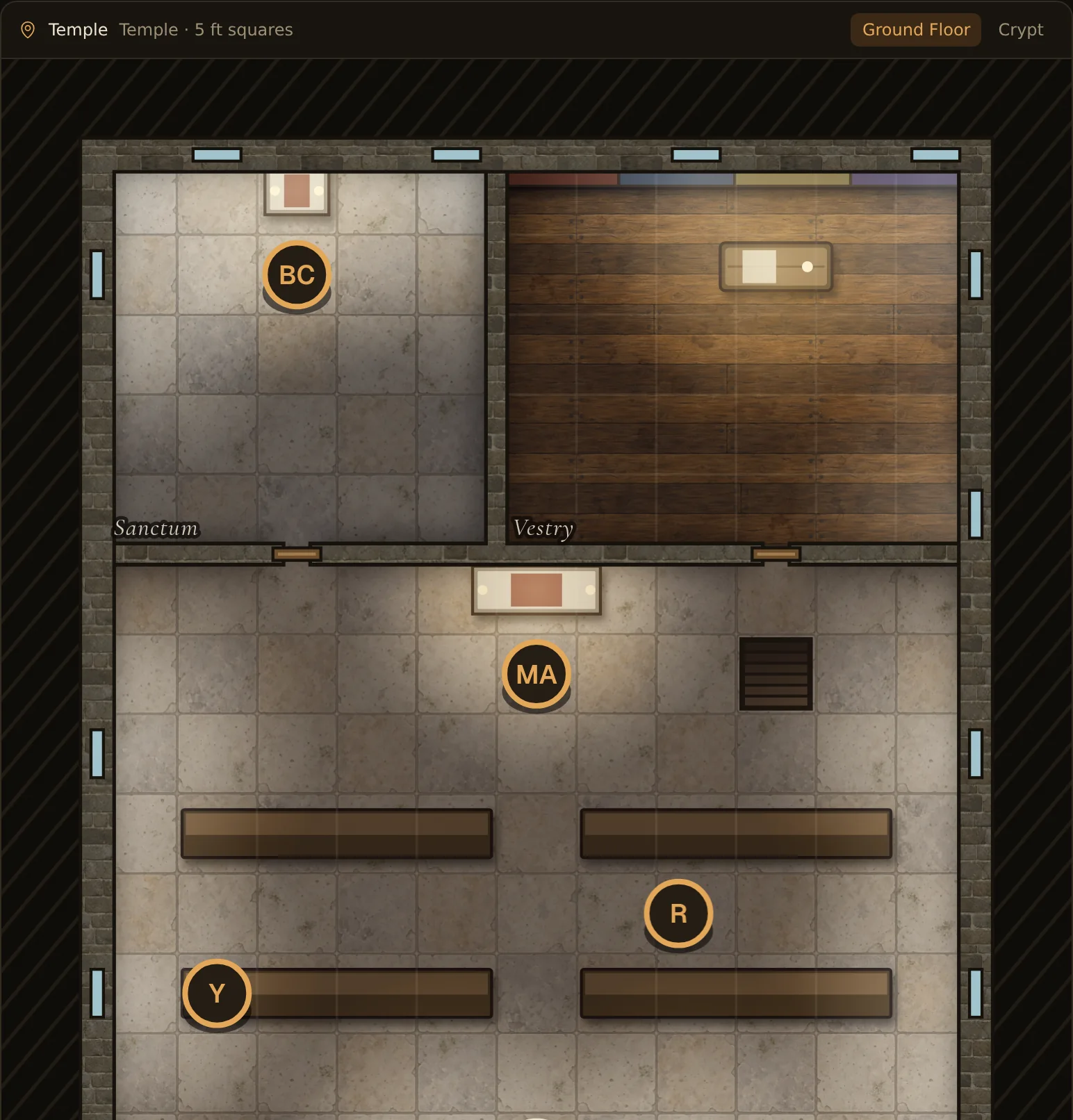 A temple: nave with pews, sanctum and vestry