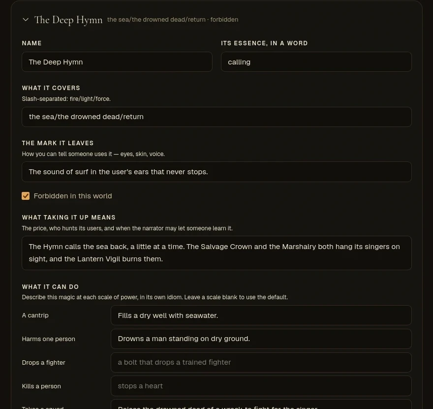 The Magic tab: The Deep Hymn, a forbidden school, with its mark, its price and what it can do at each scale