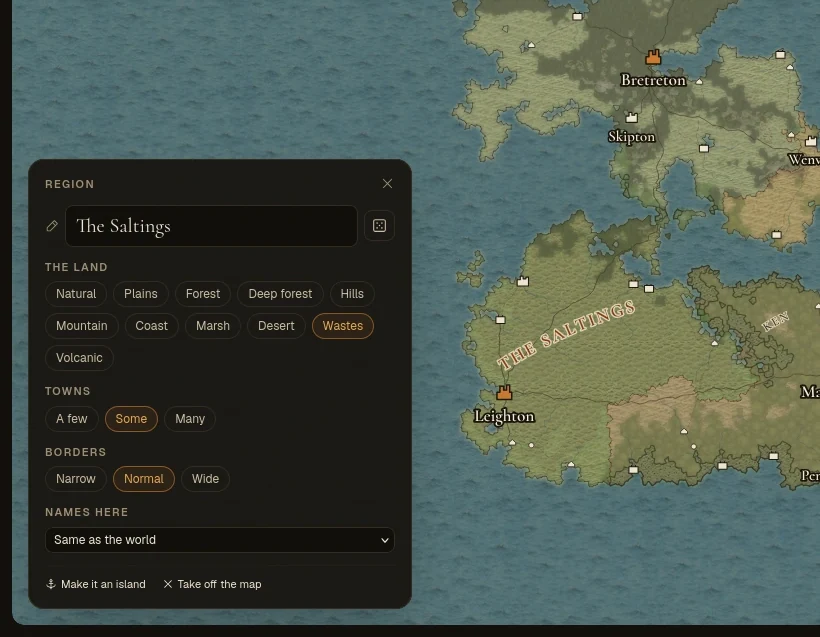A region card open on the map: The Saltings, with its land type, town count and border width chosen as words