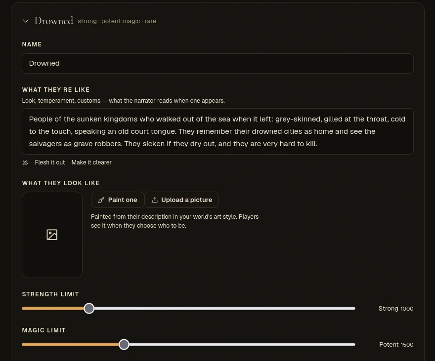 The Peoples tab: the Drowned, with description, a picture slot and strength and magic limits set to Strong and Potent