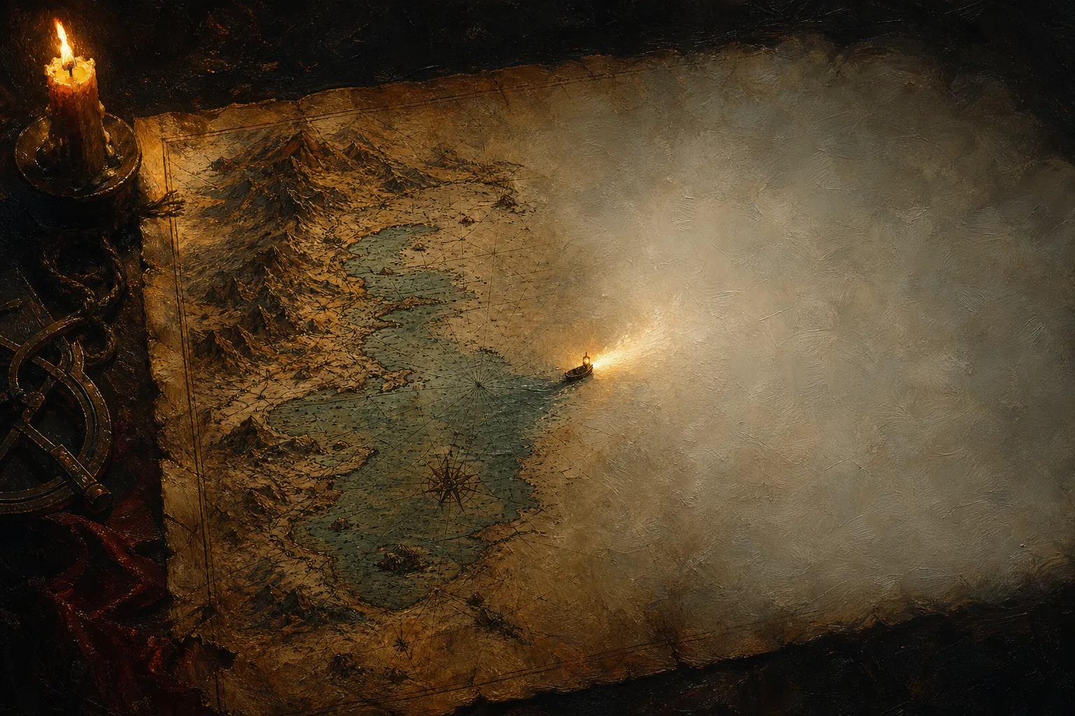 A sea chart dissolving into fog, a lantern-lit boat pushing at its edge
