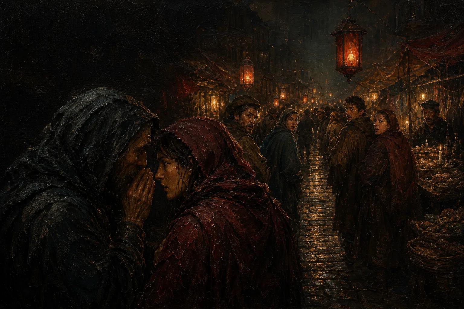 A lantern-lit market street, heads turning as a rumour travels