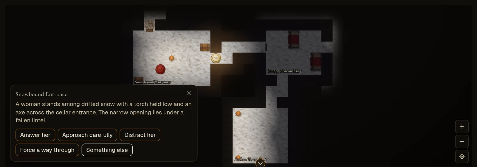 A dungeon map: the hero has walked from the entrance to a doorway, and a card shows the room ahead with buttons for ways in