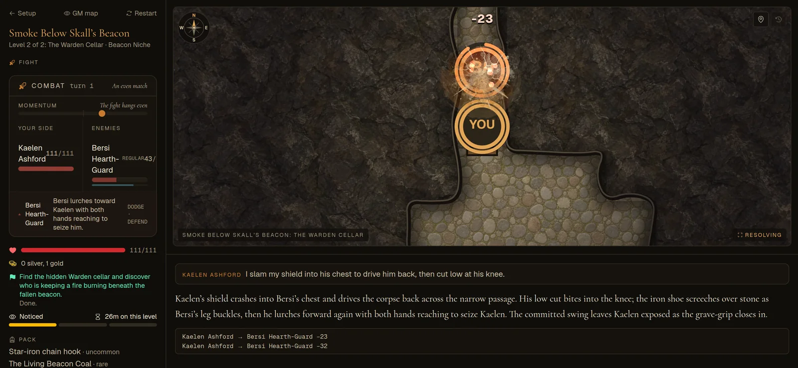 A battle map of a narrow passage: the hero's seal faces a dead guard, with the combat panel and the turn's prose