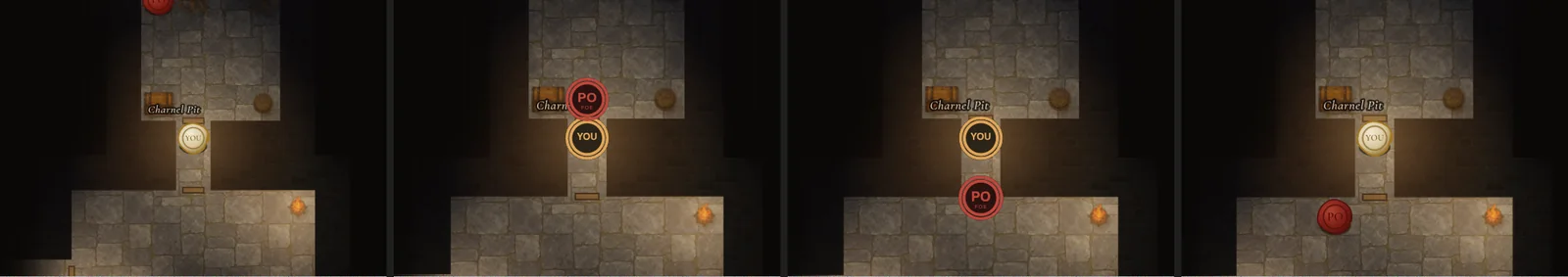Four frames: a red seal runs past the hero's token and on into the room beyond