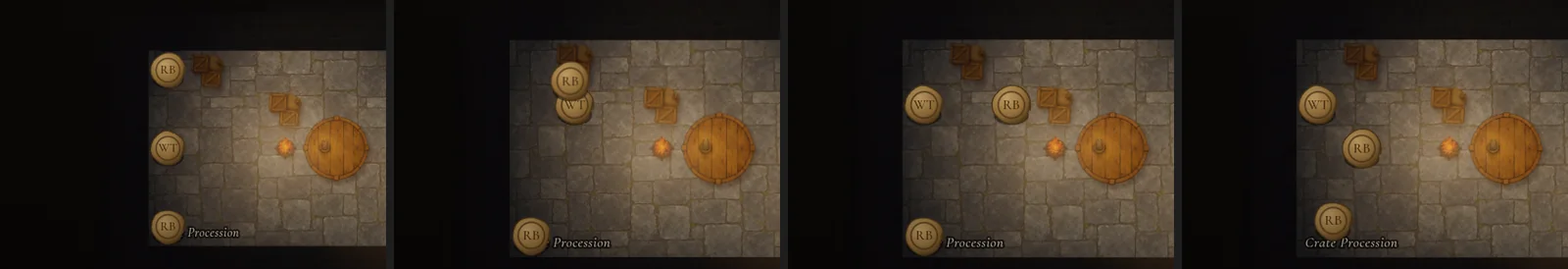 Four frames of a room where three people shift between squares