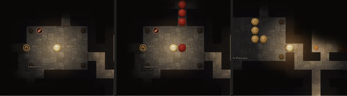 Three frames: a patrol of four arrives in the hero's room, then stands aside