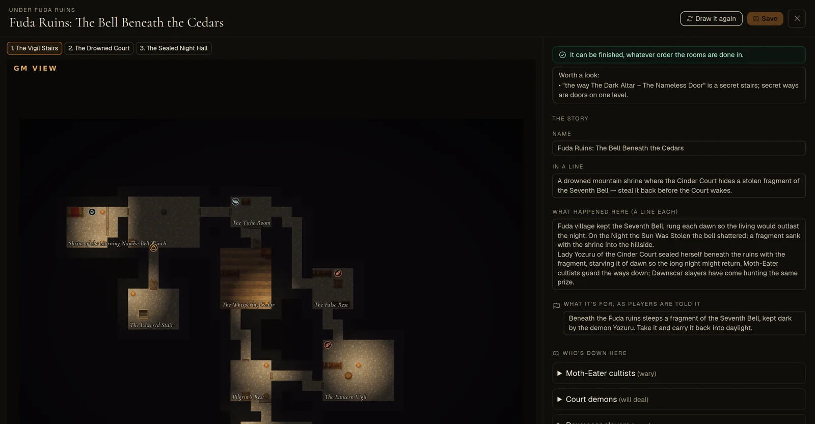 The dungeon editor: a level map in GM view on the left; on the right the checker's verdict, the story, and who's down there