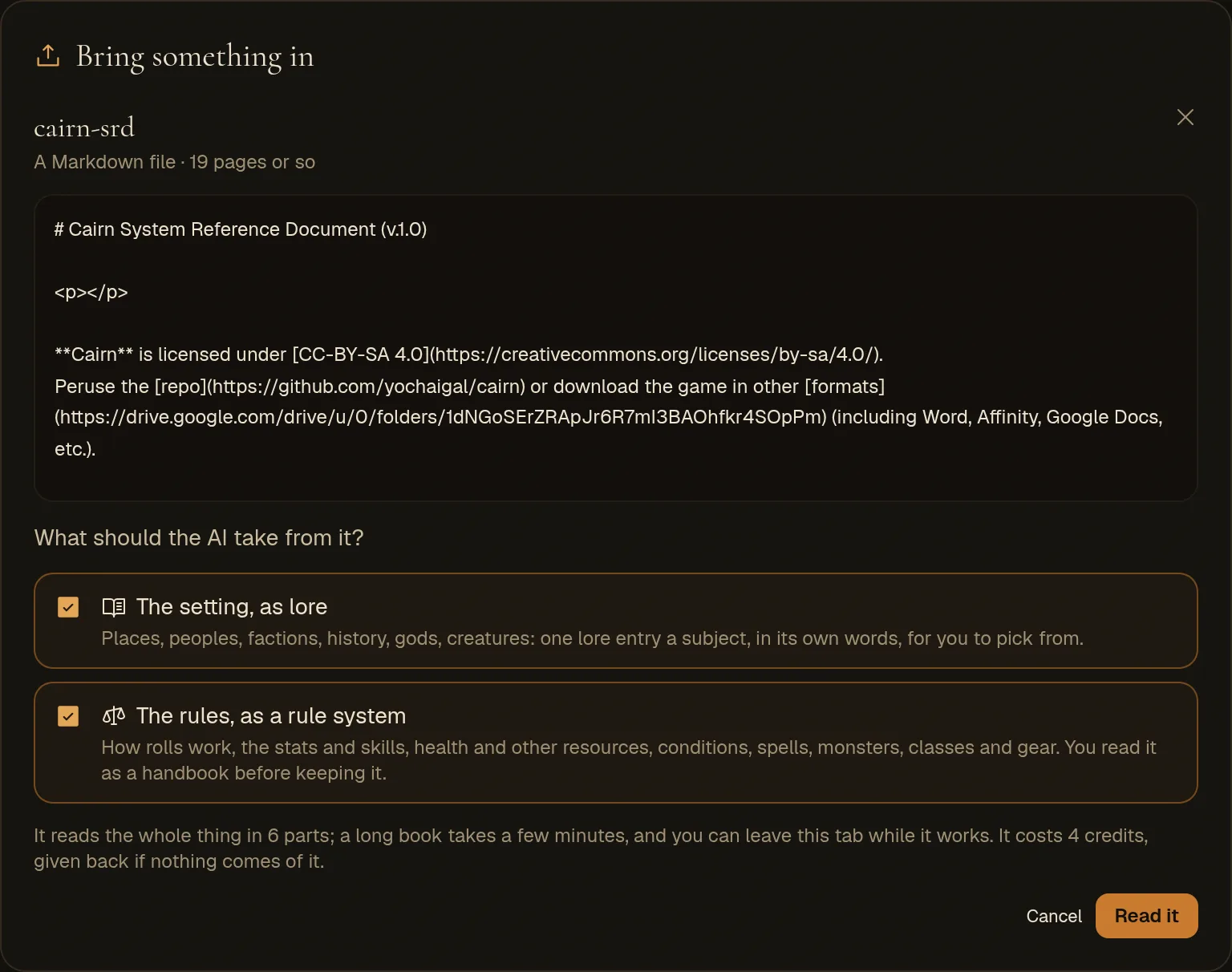 A Markdown rulebook read: its first lines, the two choices, and what reading it costs