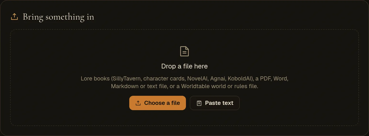 The Bring something in panel: a drop area with Choose a file and Paste text
