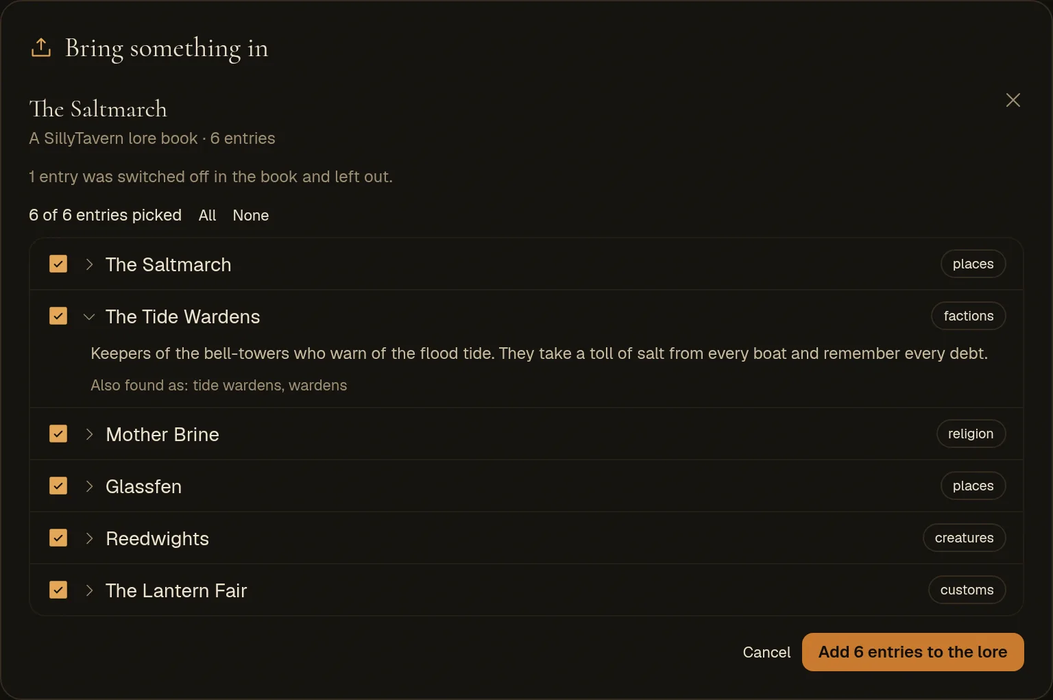 A SillyTavern lore book read: six entries with checkboxes, their kinds, one opened
