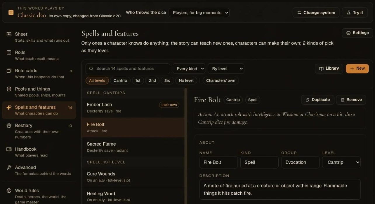 Spells and features: the rules listed on the left, a search box, kind, sort, level chips, the spells grouped by level with how each lands, and Fire Bolt open beside them