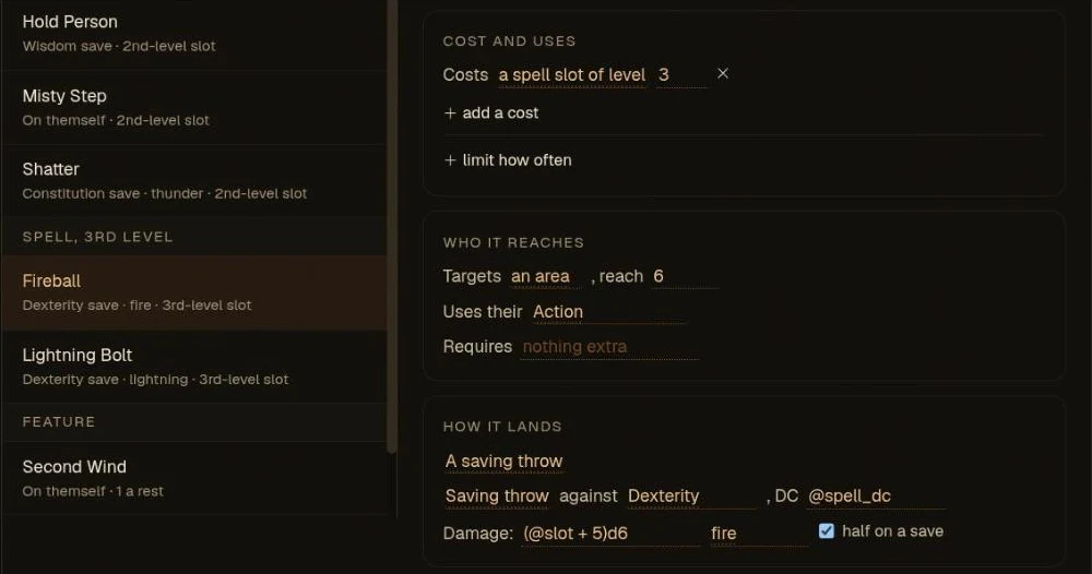 Fireball picked in the list and open beside it: a 3rd-level spell slot, an area with a reach of 6, the Action, a Dexterity saving throw against the spell DC, (slot + 5)d6 fire, half on a save