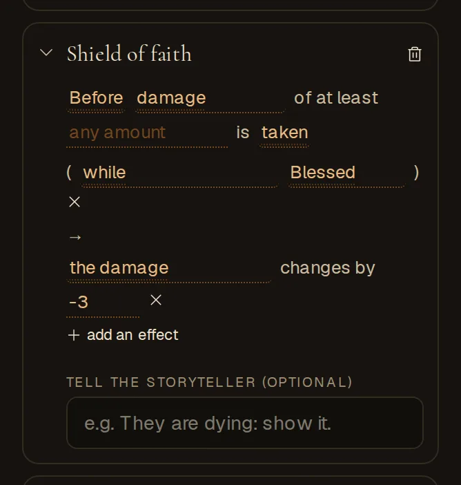 A rule card opened into its inline sentence editor, each changeable word underlined as a picker