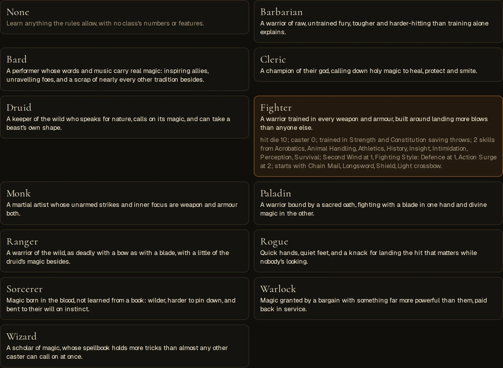 The creator's class step: None and the twelve classes as cards, Fighter picked and showing hit die 10, trained Strength and Constitution saves, its skills, its features by level and its starting kit