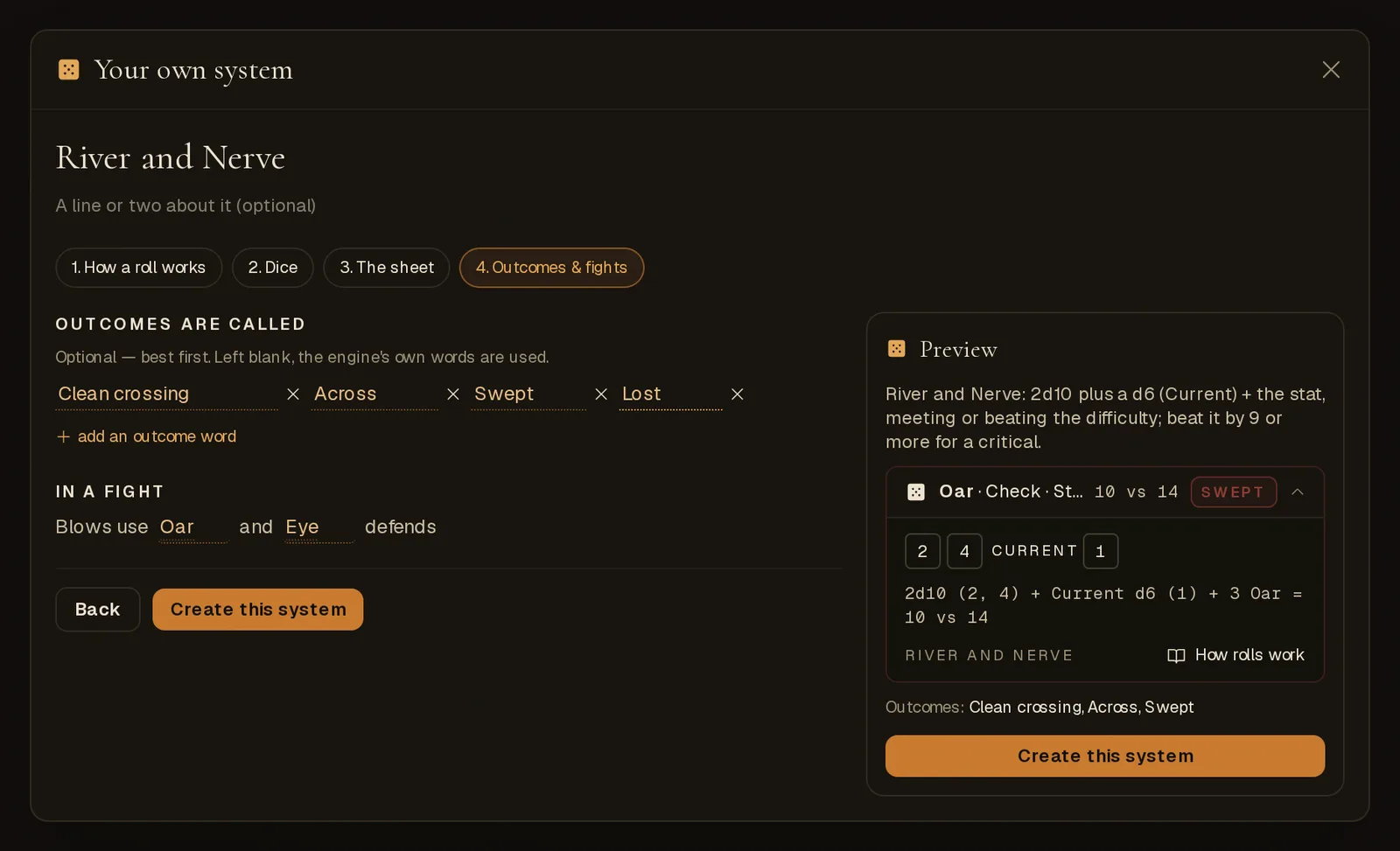 The last step: outcome names and the fight sentence, with Create this system
