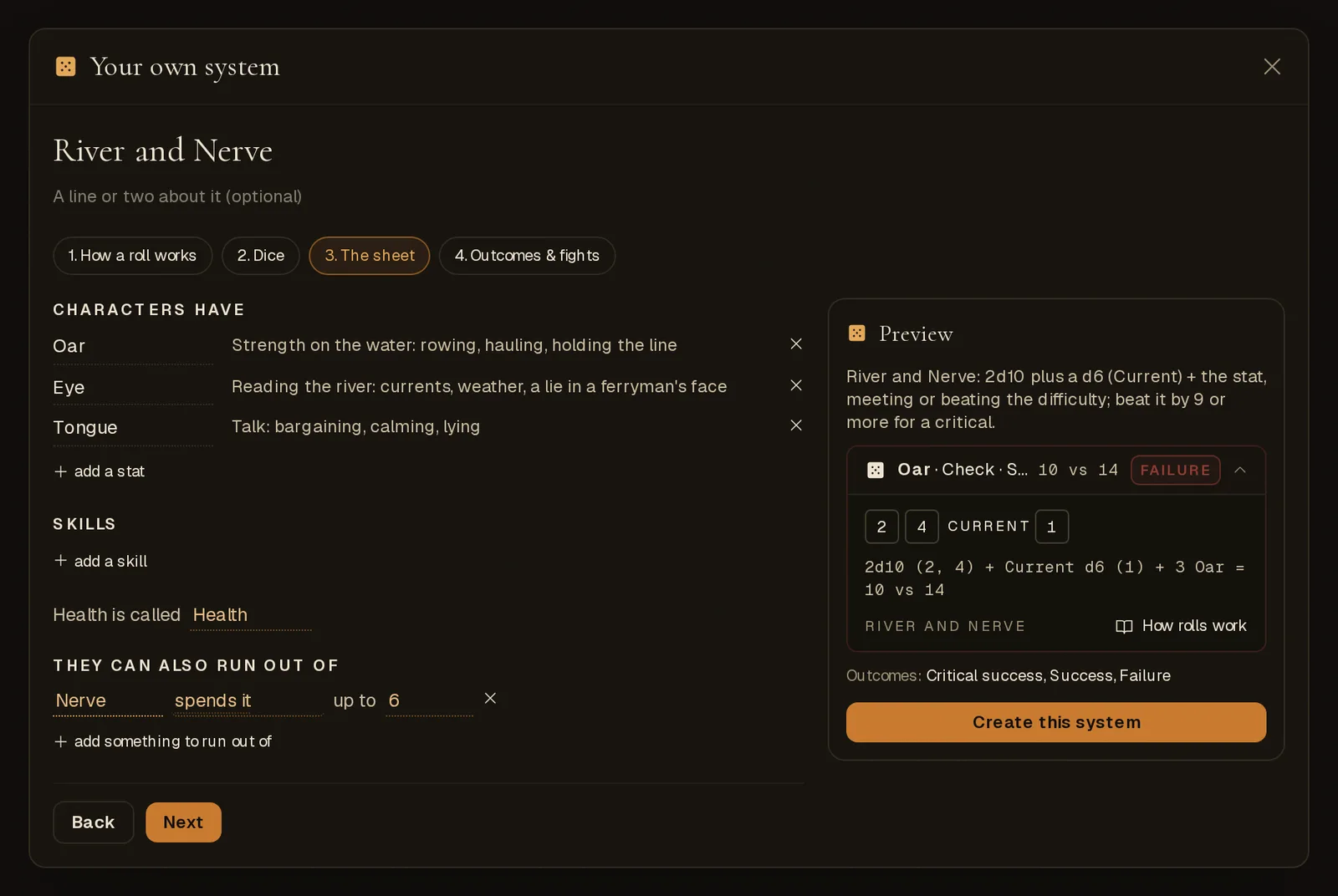 The sheet step: stats Oar, Eye and Tongue with descriptions, and a track called Nerve