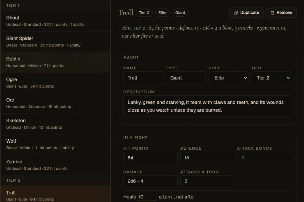 The Troll picked in the bestiary list and open beside it: Giant, elite, tier 2, reading as 84 hit points, defence 15, 2d6 + 4 a blow, 3 attacks, regenerates 10 not after fire or acid; its fields for hit points, defence, damage and attacks a turn